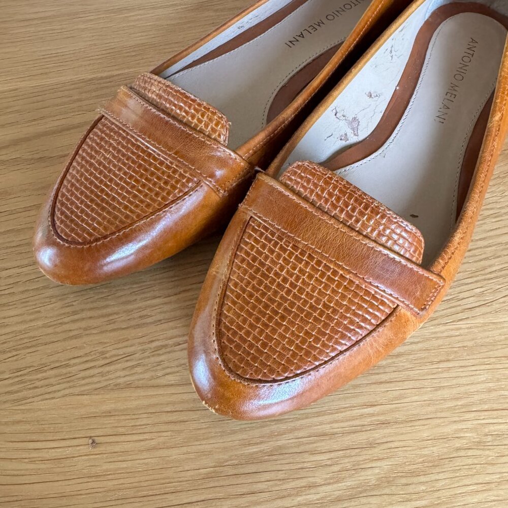 Antonio Melani Tan Leather Loafers Size 6.5 Woven Penny Flats - Picture 3 of 12